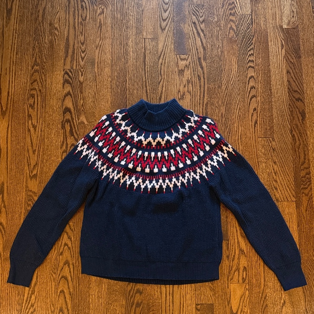 J. Crew Navy Fair Isle Turtleneck Sweater with Red and Cream Accents